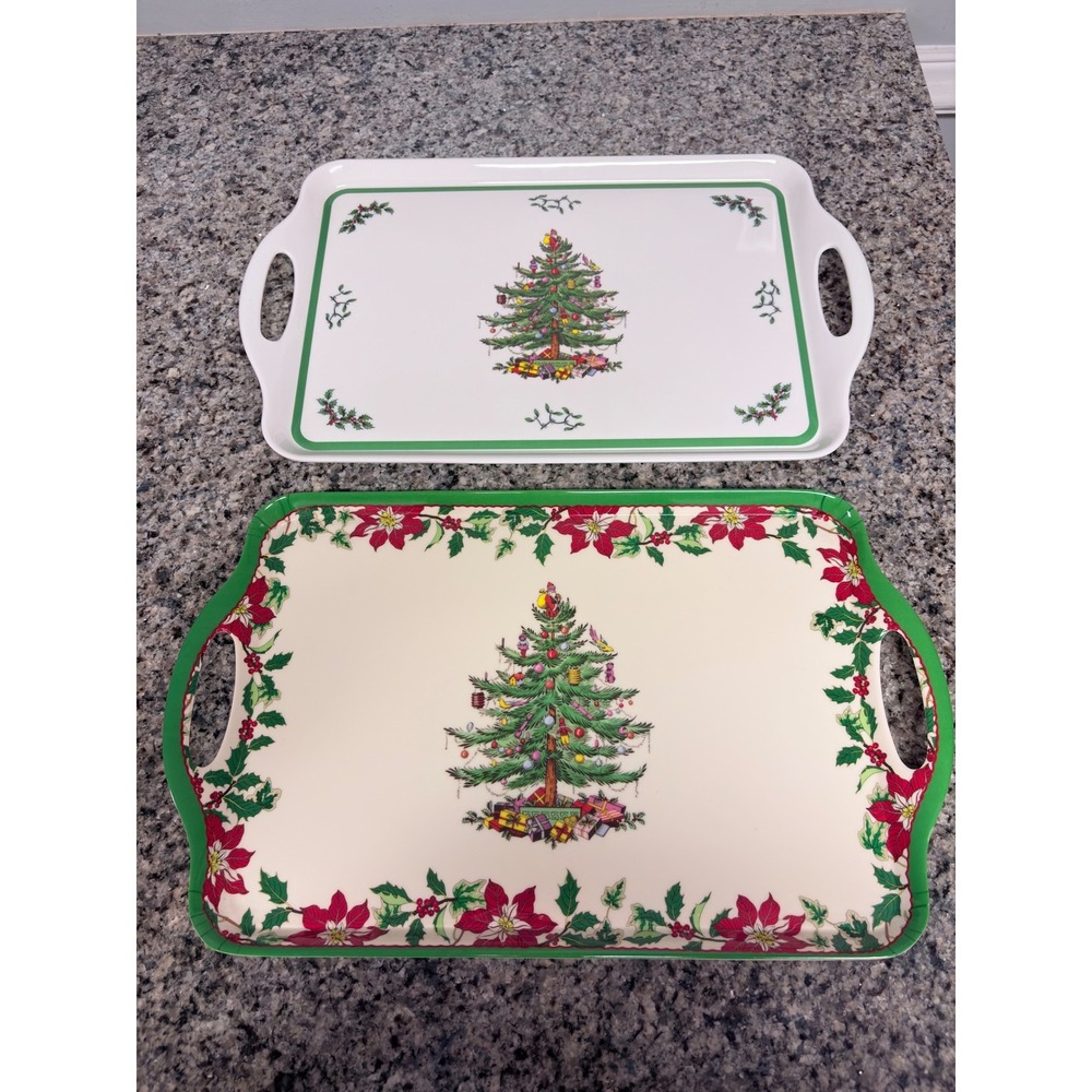Vintage Cottagecore Melamine Serving Tray Set Spode Christmas Tree Holiday Host